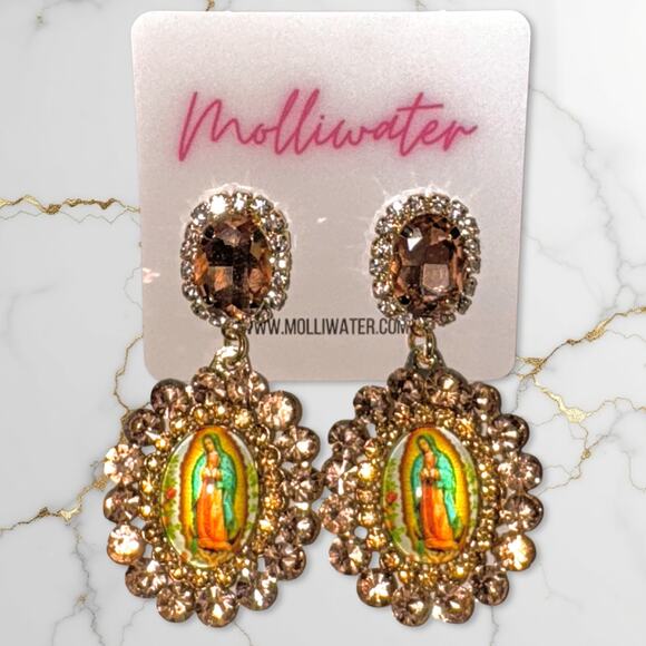 New‎ Beautiful Virgin Mary Rhinestone Peach Dangle Earrings Virgen de Guadalupe - Picture 1 of 3